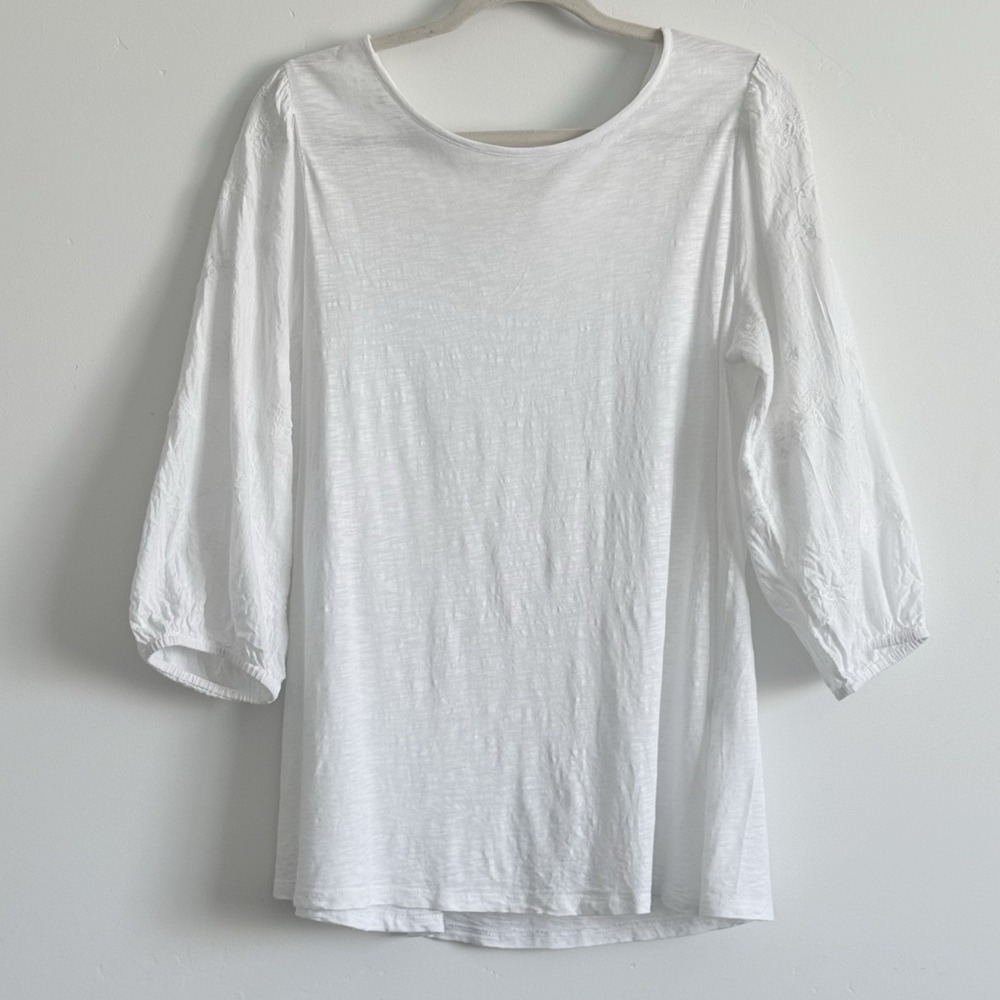 J.Jill top Woman MT White Scandi Euro Summer Coastal embroidered sleeve - Picture 2 of 8